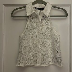NWT ZARA Women’s Lace Button Down Crop Shirt in White - Size XS